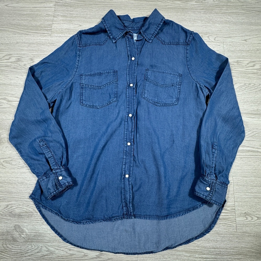 Lola River Women's Shirt Western Denim Blue Medium Tencel Snap Button Down